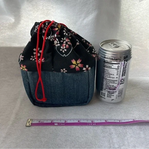 CHERRY BLOSSOM Drawstring Cosmetic Bag Denim Blue Pink Sakura - Picture 5 of 10